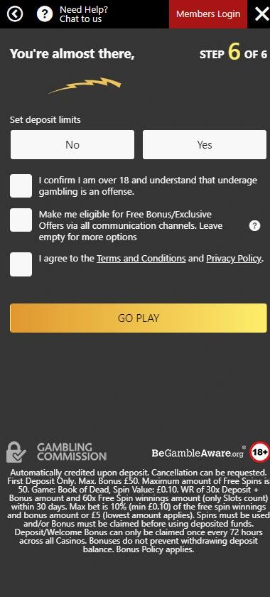 Metal Casino mobile interface screenshot showing registration step 6 with initial account setup fields – tested