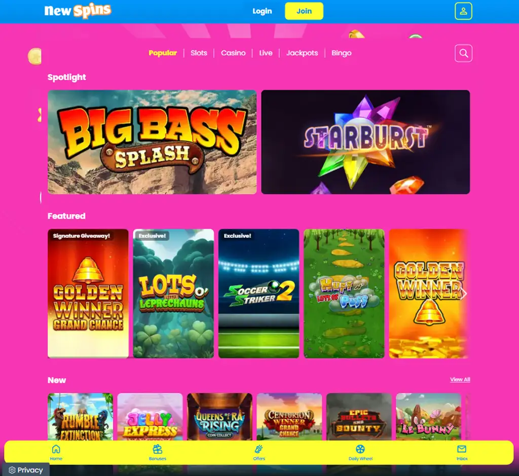 New Spins Casino homepage desktop interface screenshot showing main lobby, featured games and promotions - tested