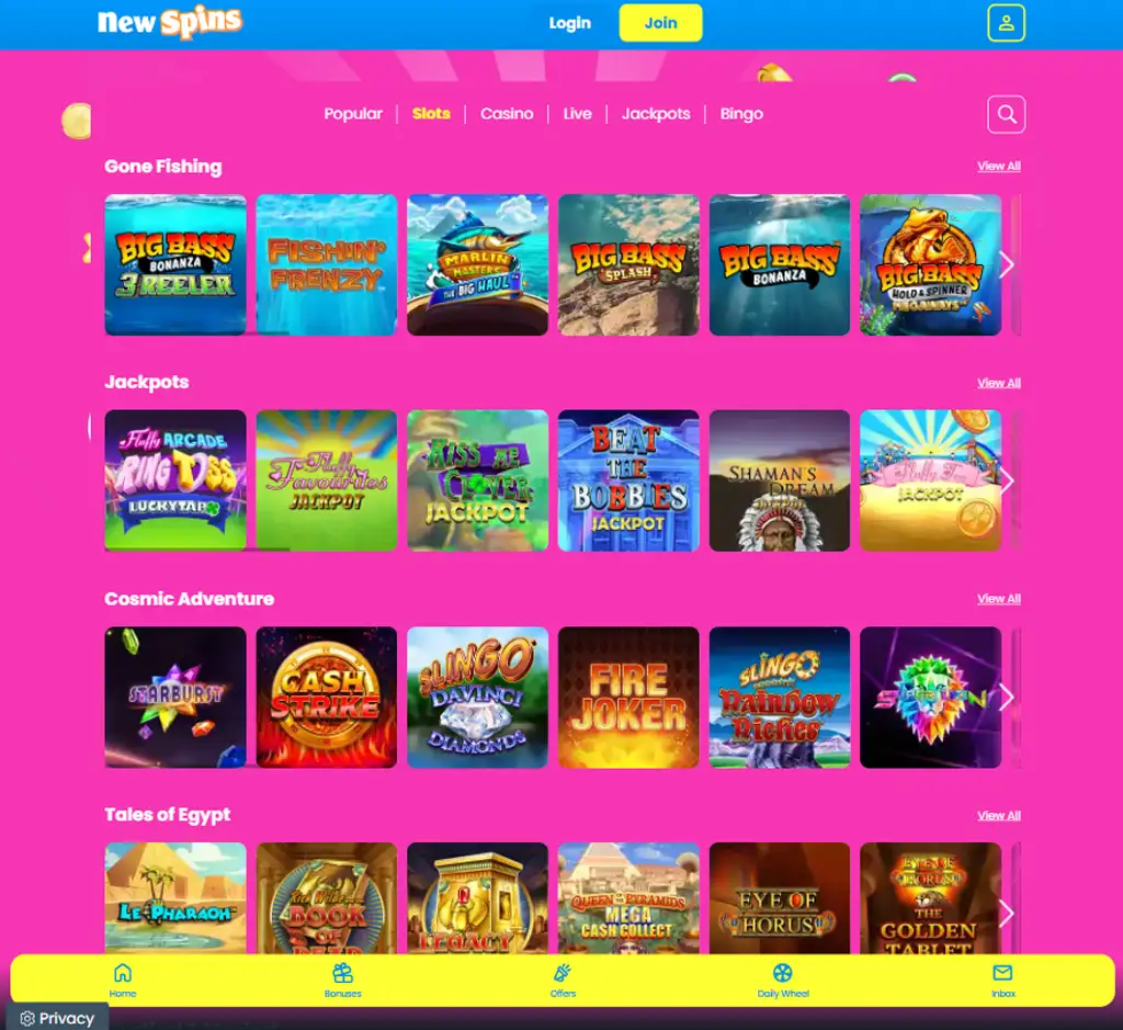New Spins Casino slot games desktop interface screenshot featuring slot categories and gameplay options - review testing