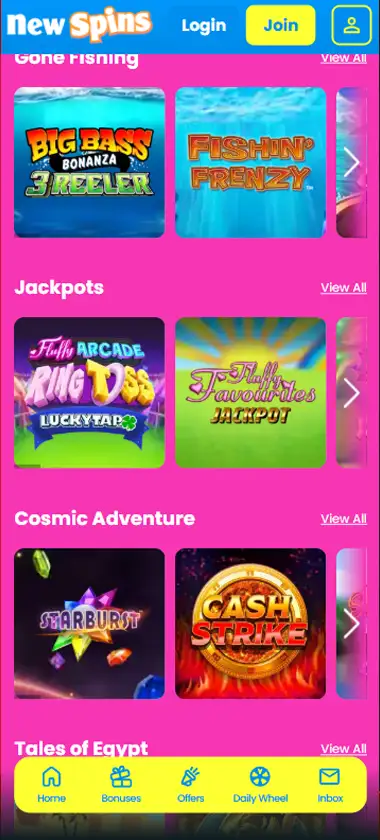 New Spins Casino slot games mobile interface screenshot displaying popular slots and game selection - verified