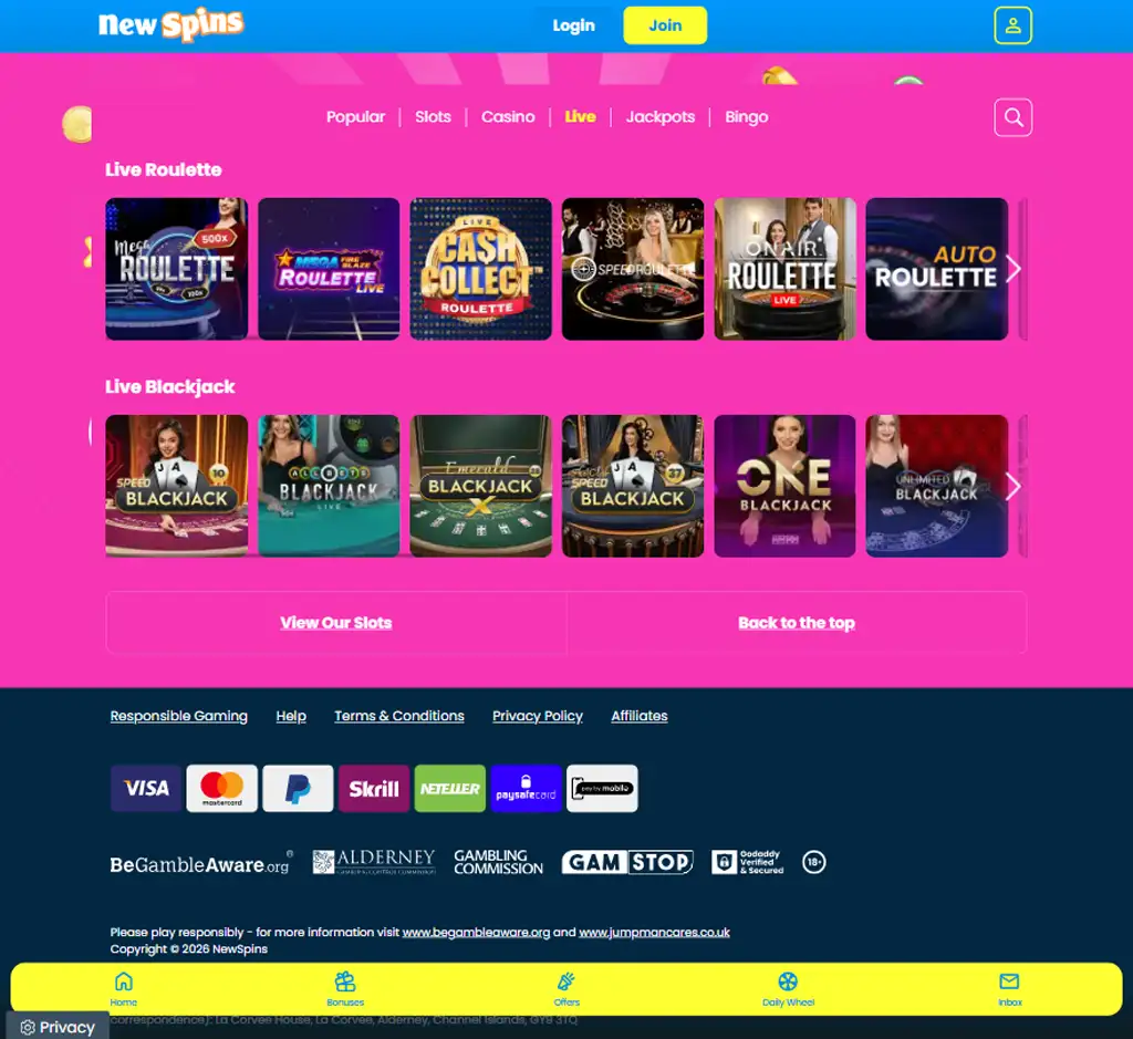New Spins Casino live casino desktop interface screenshot showing live dealer tables and streaming gameplay - captured during testing