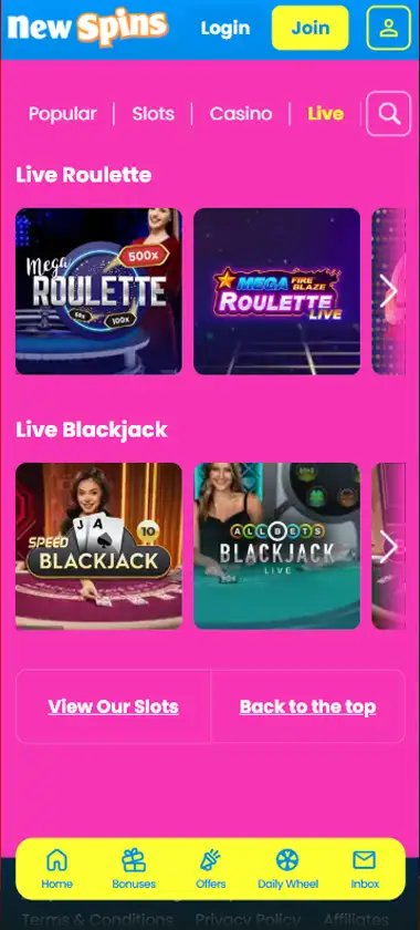 New Spins Casino live casino mobile interface screenshot showing live dealer games and real-time gameplay - tested