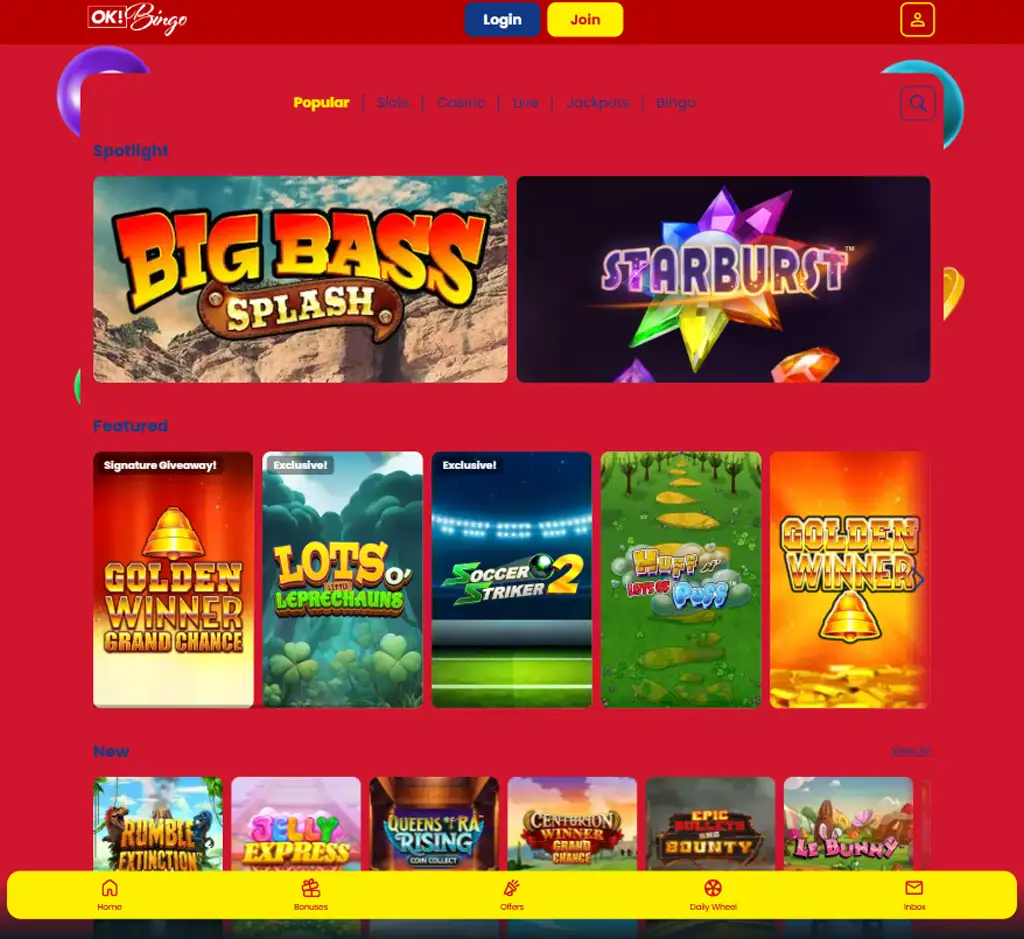 OK Bingo Casino homepage desktop interface screenshot showing main lobby, featured games and promotions - tested