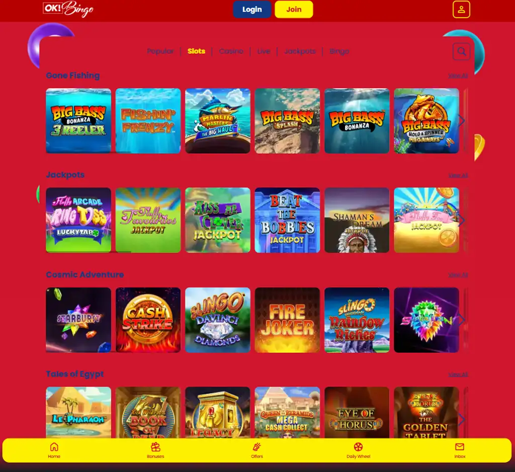 OK Bingo Casino slot games desktop interface screenshot featuring slot categories and gameplay options - review testing