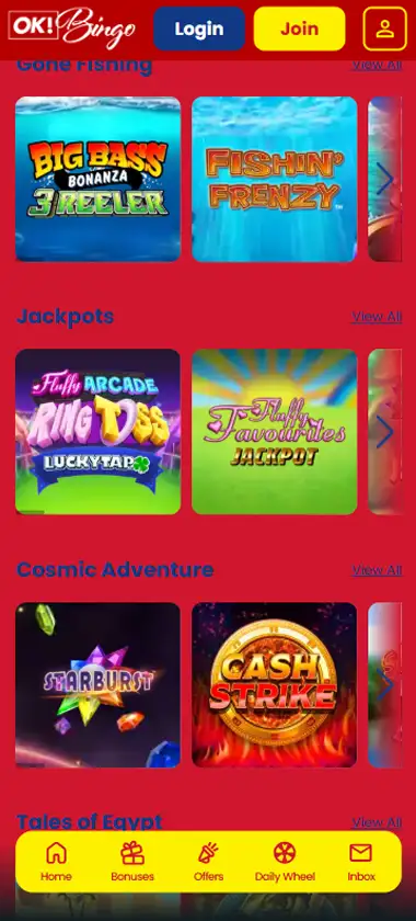 OK Bingo Casino slot games mobile interface screenshot displaying popular slots and game selection - verified