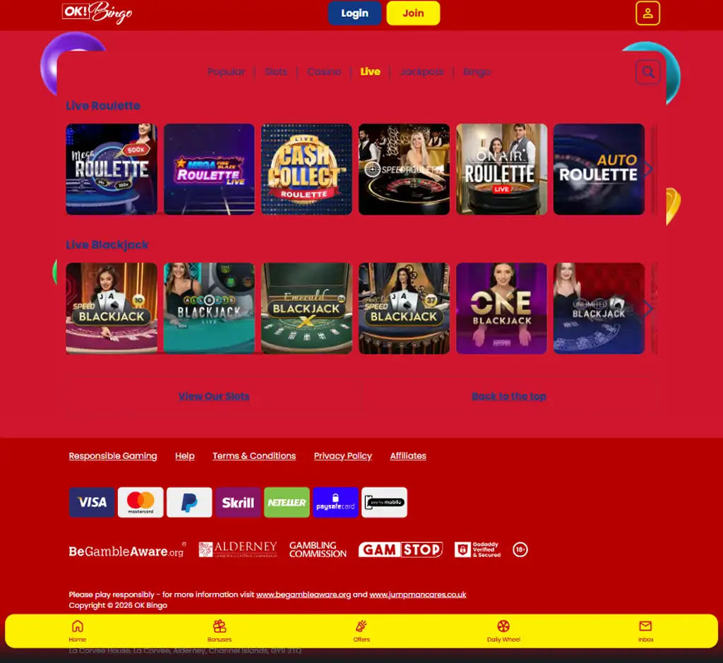 OK Bingo Casino live casino desktop interface screenshot showing live dealer tables and streaming gameplay - captured during testing