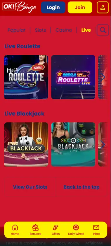 OK Bingo Casino live casino mobile interface screenshot showing live dealer games and real-time gameplay - tested