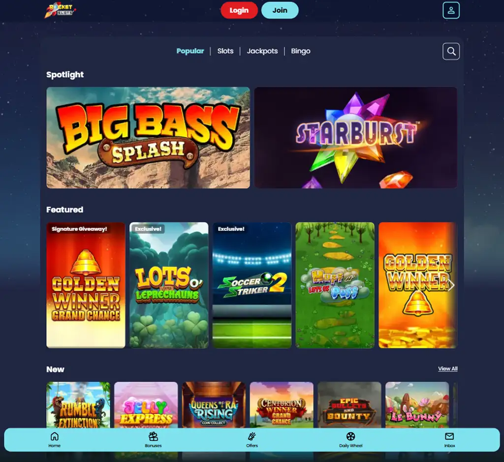 rocket slots Casino homepage desktop interface screenshot showing main lobby, featured games and promotions - tested