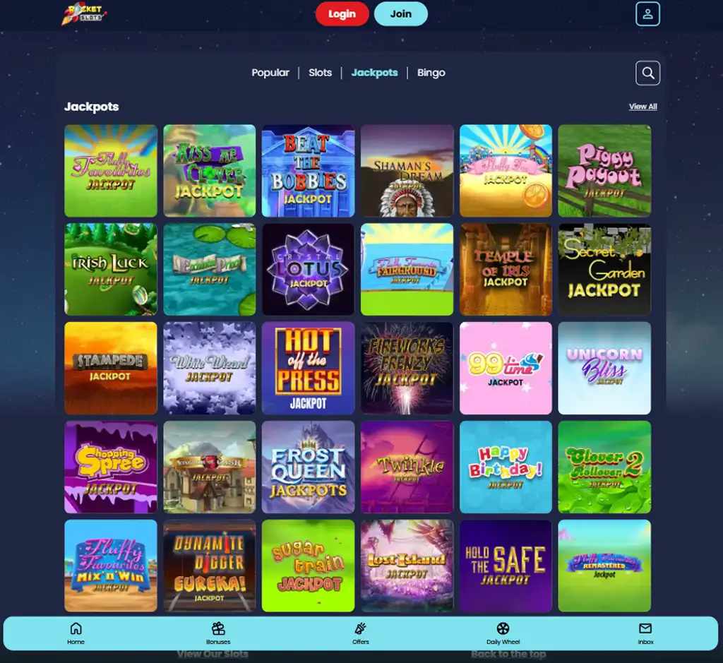 rocket slots Casino jackpots section screenshot displaying progressive jackpot games and prize pools - verified
