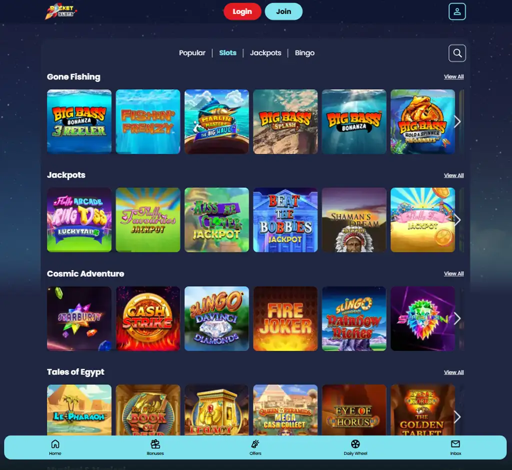 rocket slots Casino slot games desktop interface screenshot featuring slot categories and gameplay options - review testing rocket slots Casino slot games desktop interface screenshot featuring slot categories and gameplay options - review testing