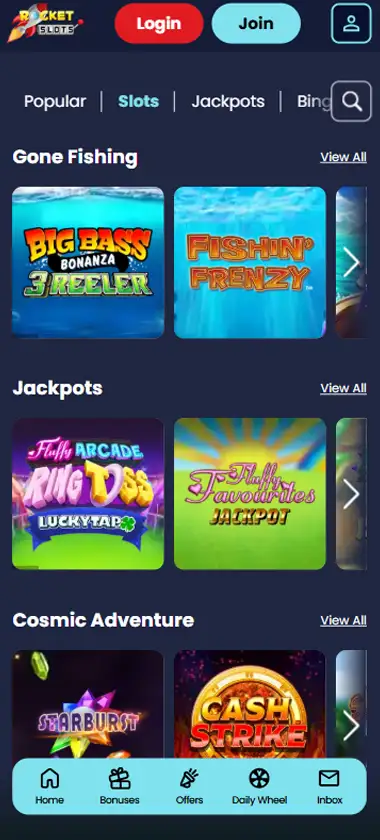 rocket slots Casino slot games mobile interface screenshot displaying popular slots and game selection - verified