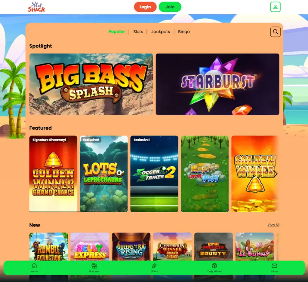Slot Shack Casino homepage desktop interface screenshot showing main lobby, featured games and promotions - tested