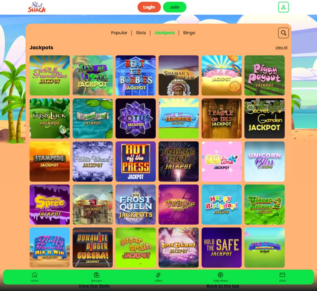 Slot Shack Casino jackpots section screenshot displaying progressive jackpot games and prize pools - verified