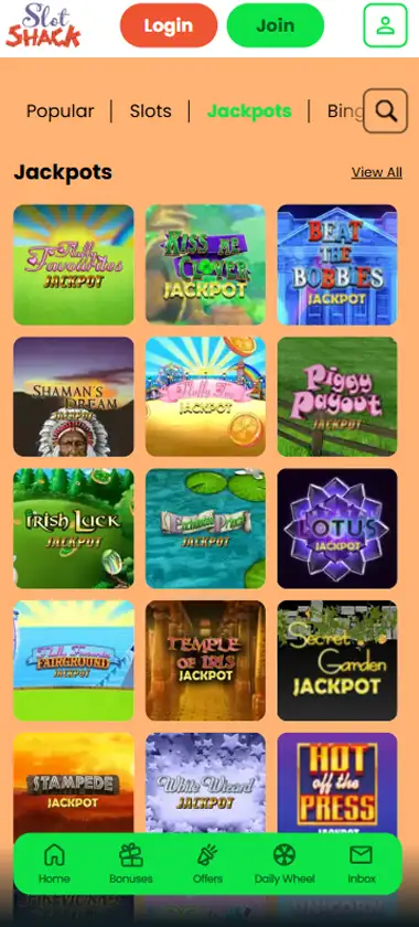Slot Shack Casino jackpots section mobile screenshot displaying progressive jackpot games and prize pools - verified Slot Shack Casino jackpots section mobile screenshot displaying progressive jackpot games and prize pools - verified