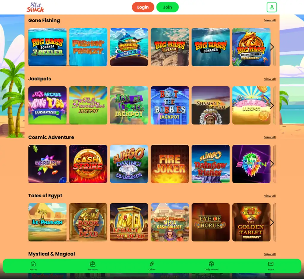 Slot Shack Casino slot games desktop interface screenshot featuring slot categories and gameplay options - review testing Slot Shack Casino slot games desktop interface screenshot featuring slot categories and gameplay options - review testing