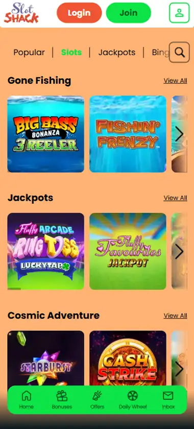 Slot Shack Casino slot games mobile interface screenshot displaying popular slots and game selection - verified