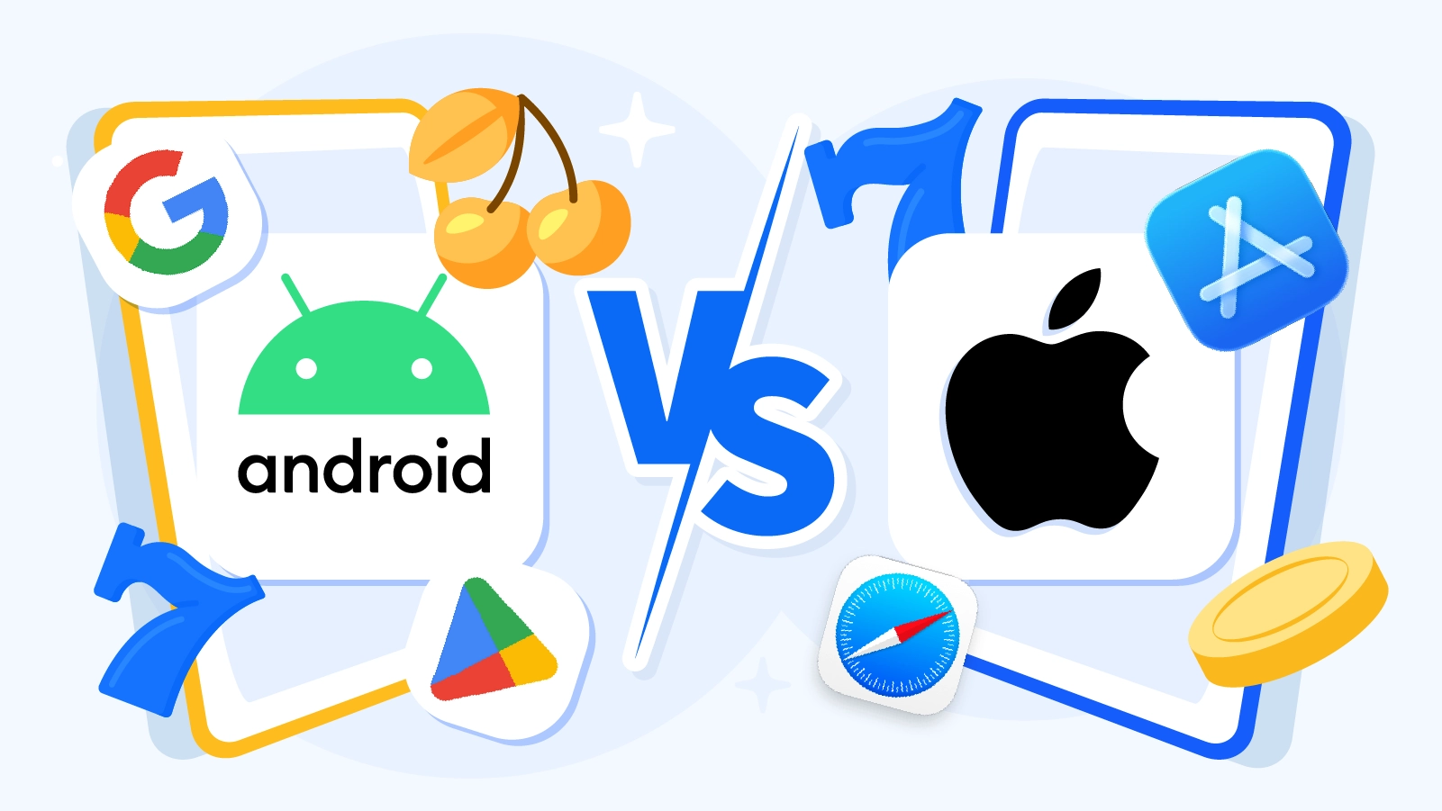 Five-row Android versus iOS casino comparison showing Android advantage in APK sideloading and multi-window capability versus iOS advantage in App Store security screening with both platforms offering 400 to 600 slots via app versus 1,000 plus via browser and Android requiring self-managed APK security versus iOS platform-managed vetting for UK casino players