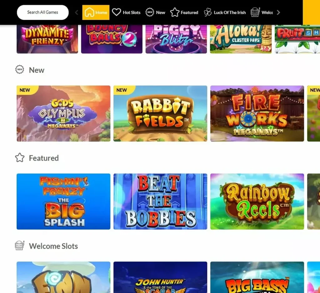 Hot Streak Casino desktop popular games section screenshot showcasing featured and trending casino titles - tested
