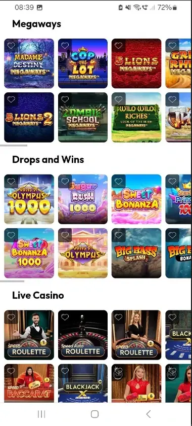 Hot Streak Casino mobile slots interface screenshot showing slot game selection with popular titles and filtering options - captured during platform testing