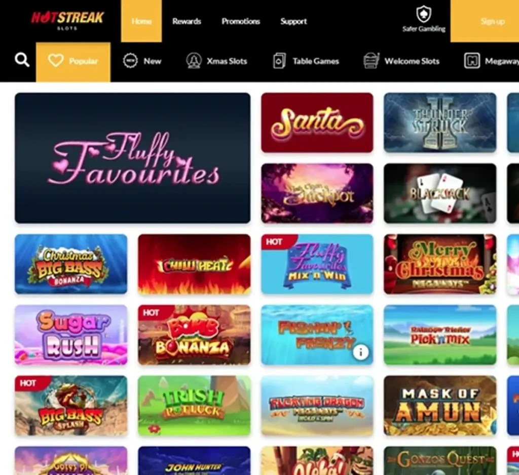 Hot Streak Casino desktop popular games section screenshot showcasing featured and trending casino titles - tested