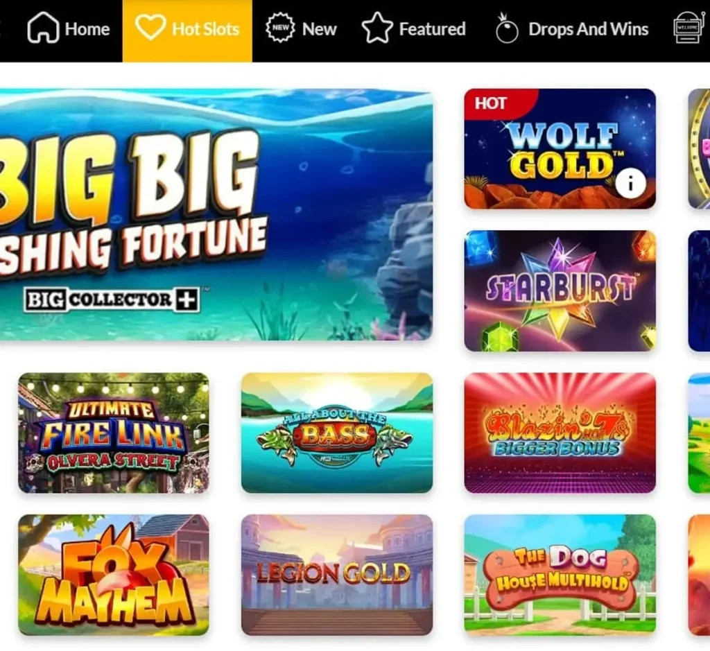 Hot Streak Casino desktop slots lobby screenshot presenting variety of slot games with categories and providers - verified
