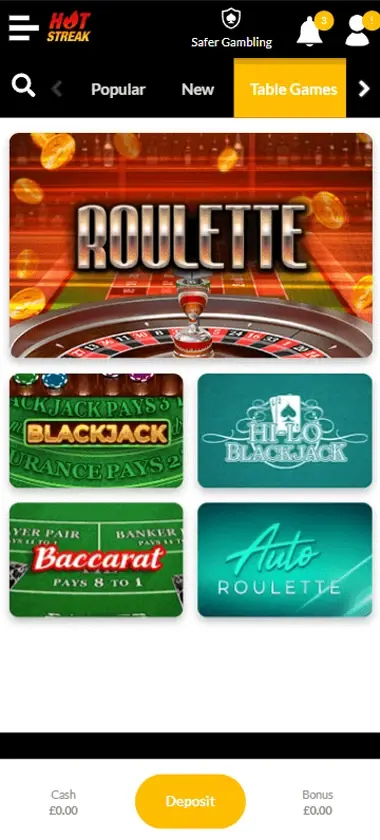 Hot Streak Casino mobile table games interface screenshot showing selection of blackjack, roulette and other table games - captured during platform testing