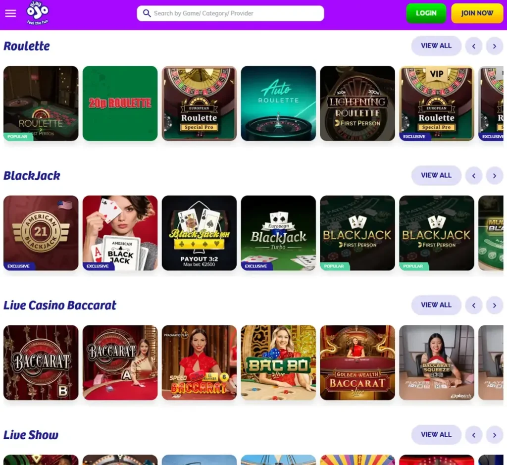 PlayOJO Casino desktop live casino lobby screenshot featuring live dealer games and real-time streaming interface - review testing