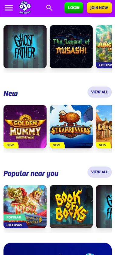 PlayOJO Casino mobile homepage screenshot showing main lobby with featured games and promotions - captured during platform testing