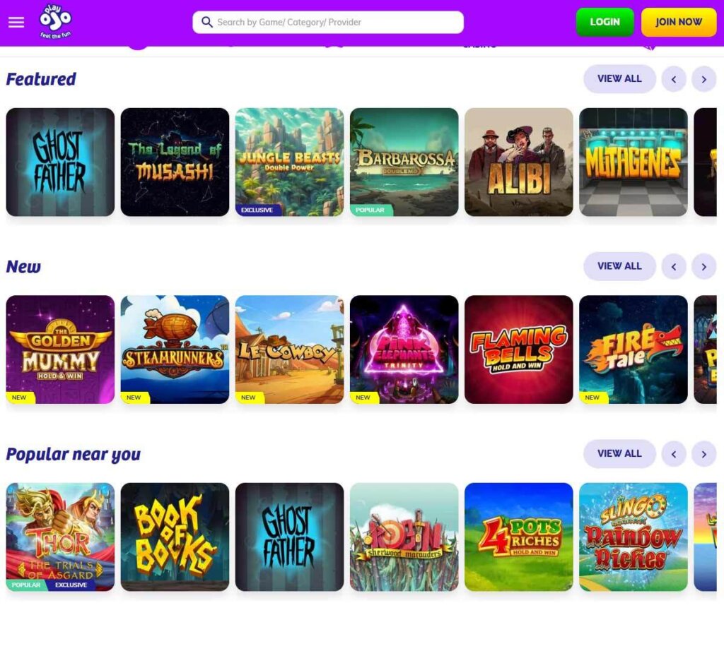 PlayOJO Casino desktop homepage screenshot displaying main lobby with featured games, promotions and navigation menu - tested