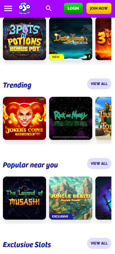 PlayOJO Casino mobile slots interface screenshot showing slot game selection with popular titles and filtering options - captured during platform testing
