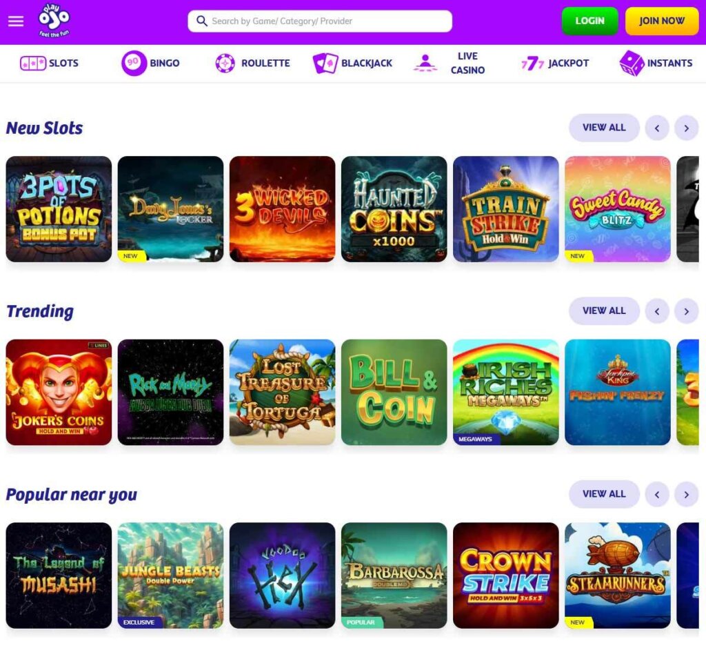 PlayOJO Casino desktop slots lobby screenshot presenting variety of slot games with categories and providers - verified