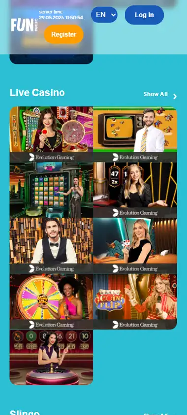 Fun Casino mobile live casino interface screenshot showing live dealer tables including blackjack and roulette - tested