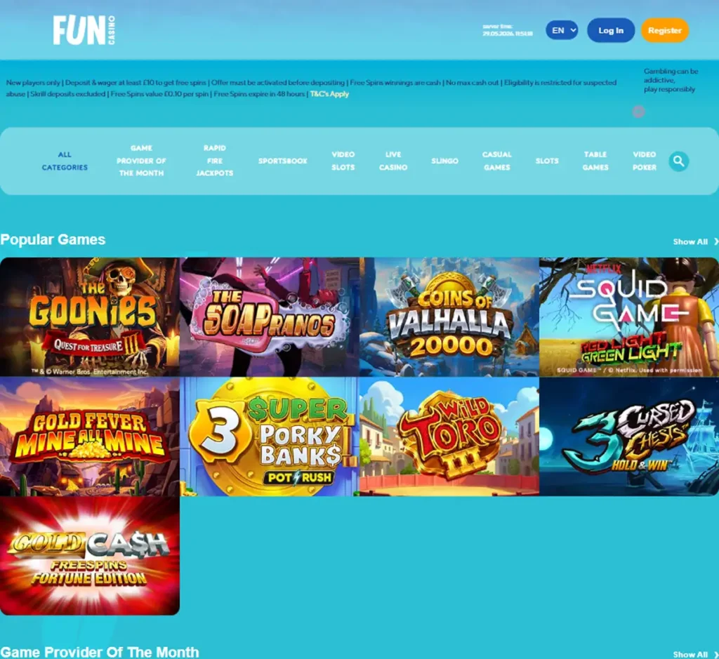 Fun Casino desktop slots lobby screenshot presenting variety of slot games with categories and providers - verified