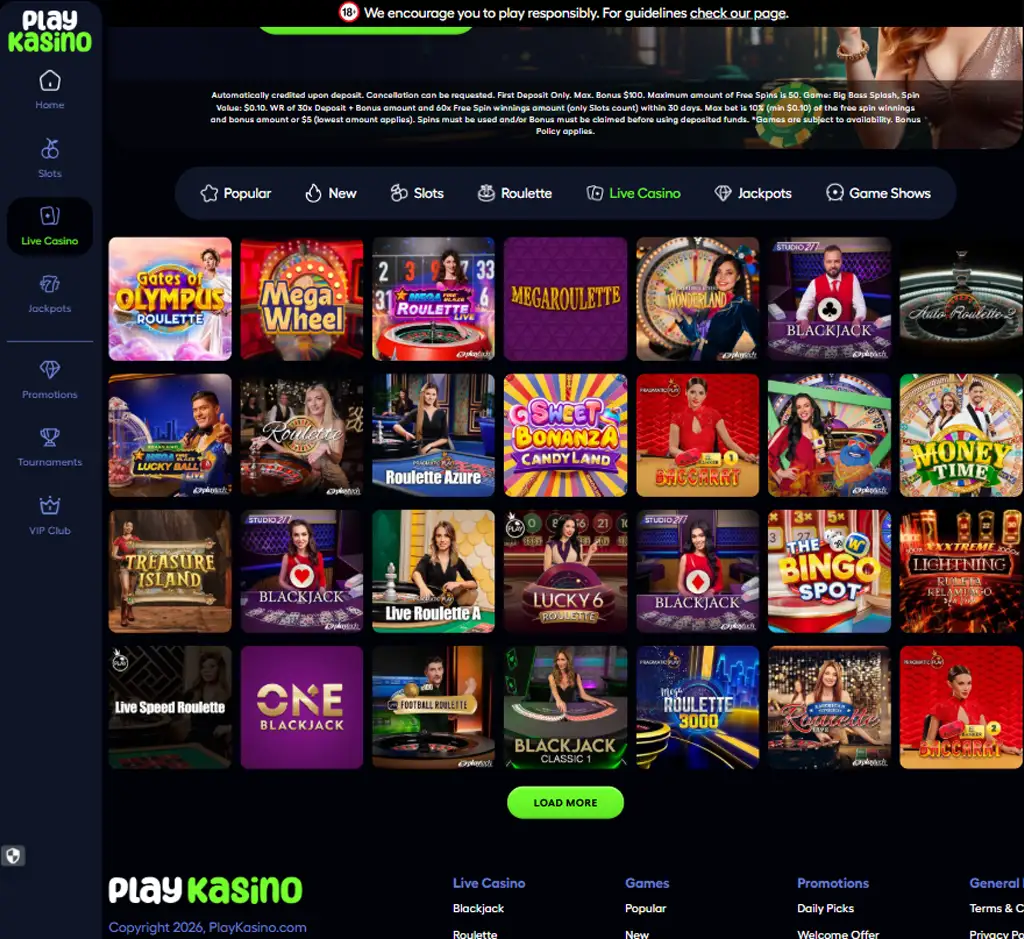 Play Kasino Casino desktop live casino lobby screenshot featuring live dealer games and real-time streaming interface - review testing