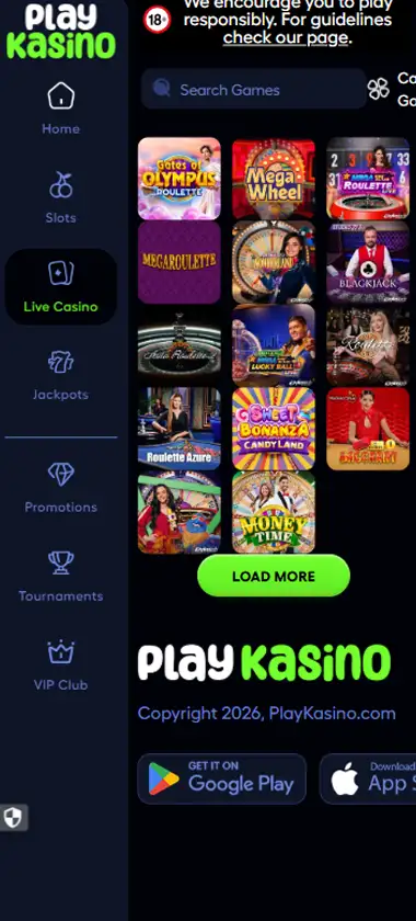 Play Kasino Casino mobile live casino interface screenshot showing live dealer tables including blackjack and roulette - tested