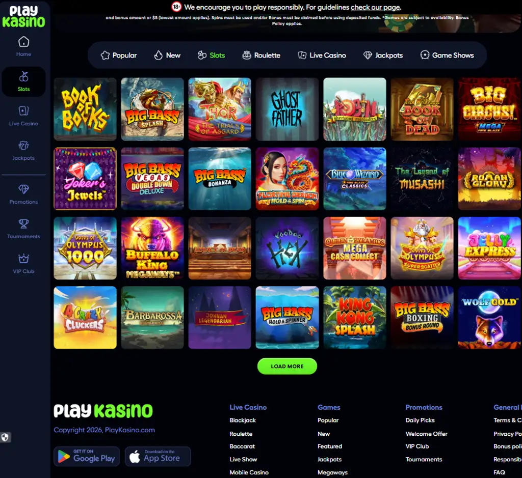Play Kasino Casino desktop slots lobby screenshot presenting variety of slot games with categories and providers - verified