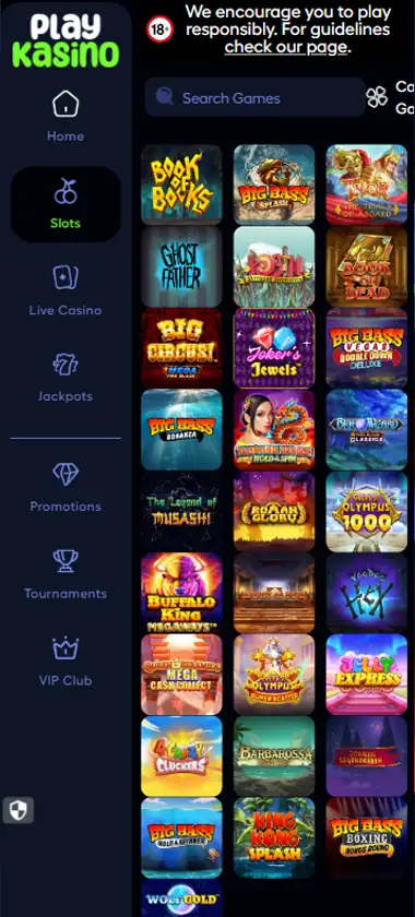 Play Kasino Casino mobile slots interface screenshot showing slot game selection with popular titles and filtering options - captured during platform testing