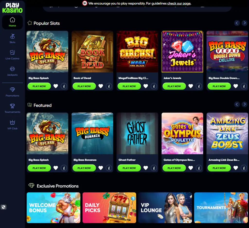Play Kasino Casino desktop homepage screenshot displaying main lobby with featured games, promotions and navigation menu - tested