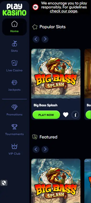Play Kasino Casino mobile homepage screenshot showing main lobby with featured games and promotions - captured during platform testing