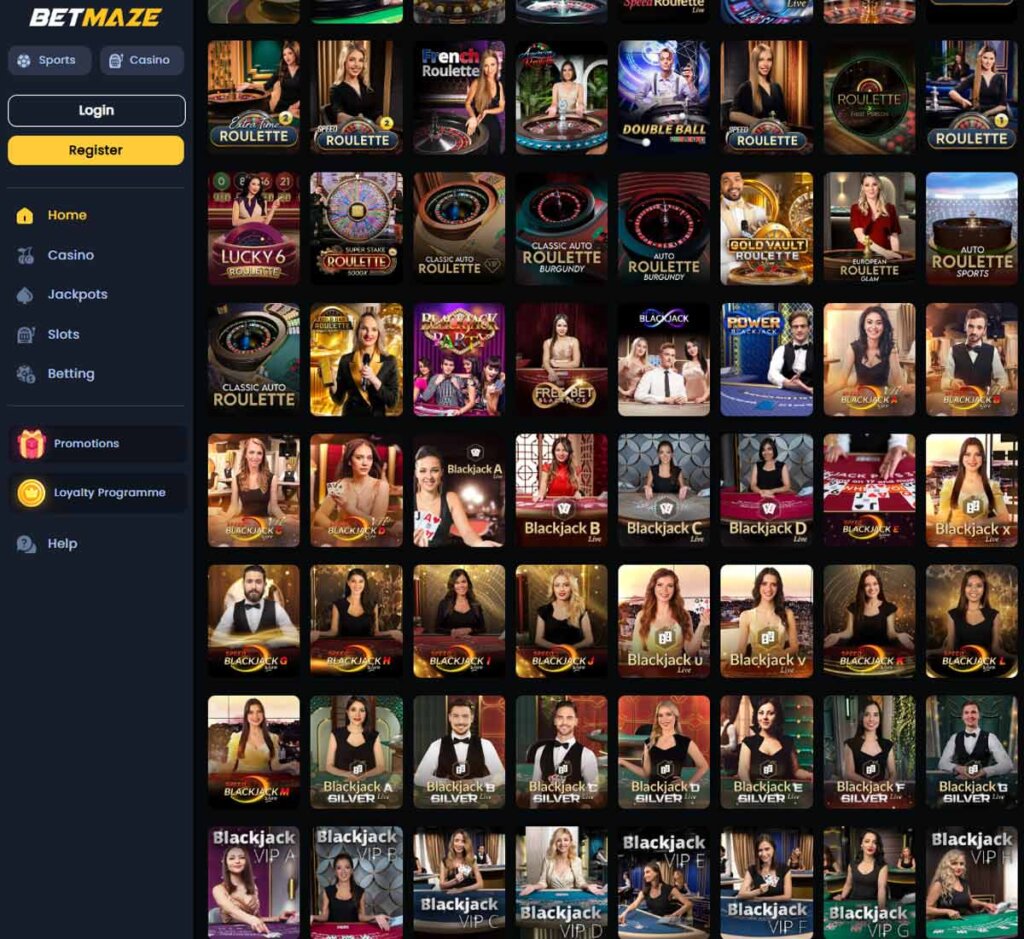 BetMaze Casino desktop live casino lobby screenshot featuring live dealer games and real-time streaming interface - review testing