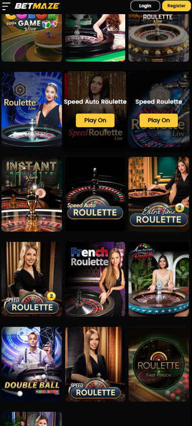 BetMaze Casino mobile live casino interface screenshot showing live dealer tables including blackjack and roulette - tested
