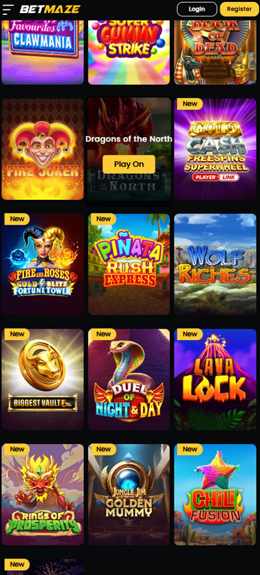BetMaze Casino mobile slots interface screenshot showing slot game selection with popular titles and filtering options - captured during platform testing