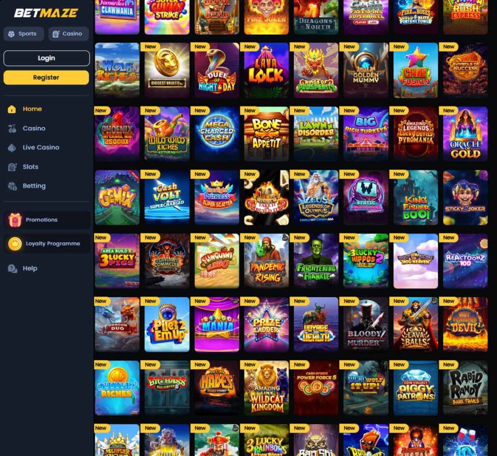 BetMaze Casino desktop slots lobby screenshot presenting variety of slot games with categories and providers - verified
