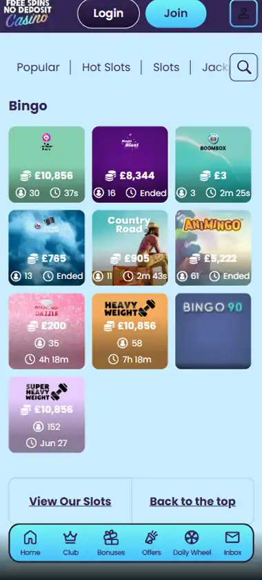 Free Spins No Deposit Casino mobile bingo games interface screenshot showing bingo rooms and available games - captured during platform testing