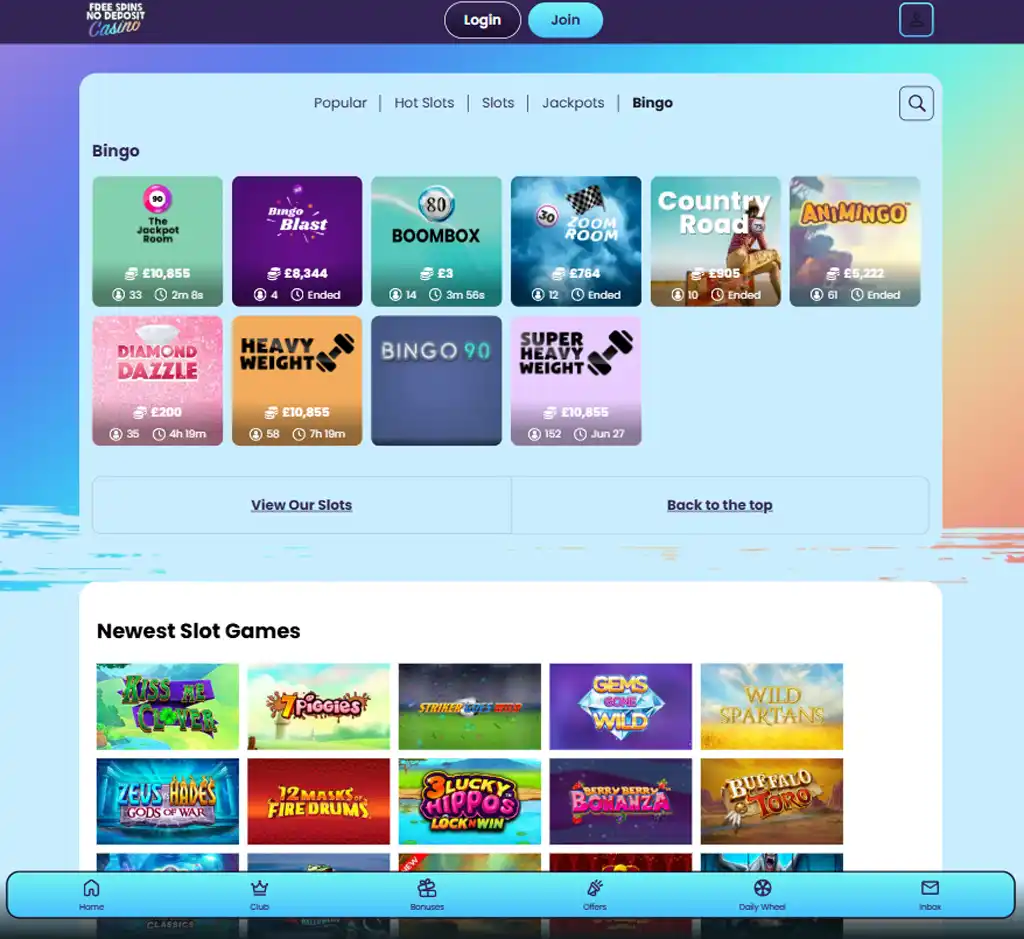 Free Spins No Deposit Casino desktop bingo games lobby screenshot presenting bingo rooms, categories and game selection - verified