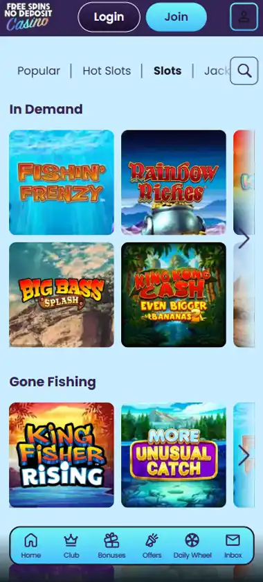 Free Spins No Deposit Casino mobile slots interface screenshot showing slot game selection with popular titles and filtering options - captured during platform testing