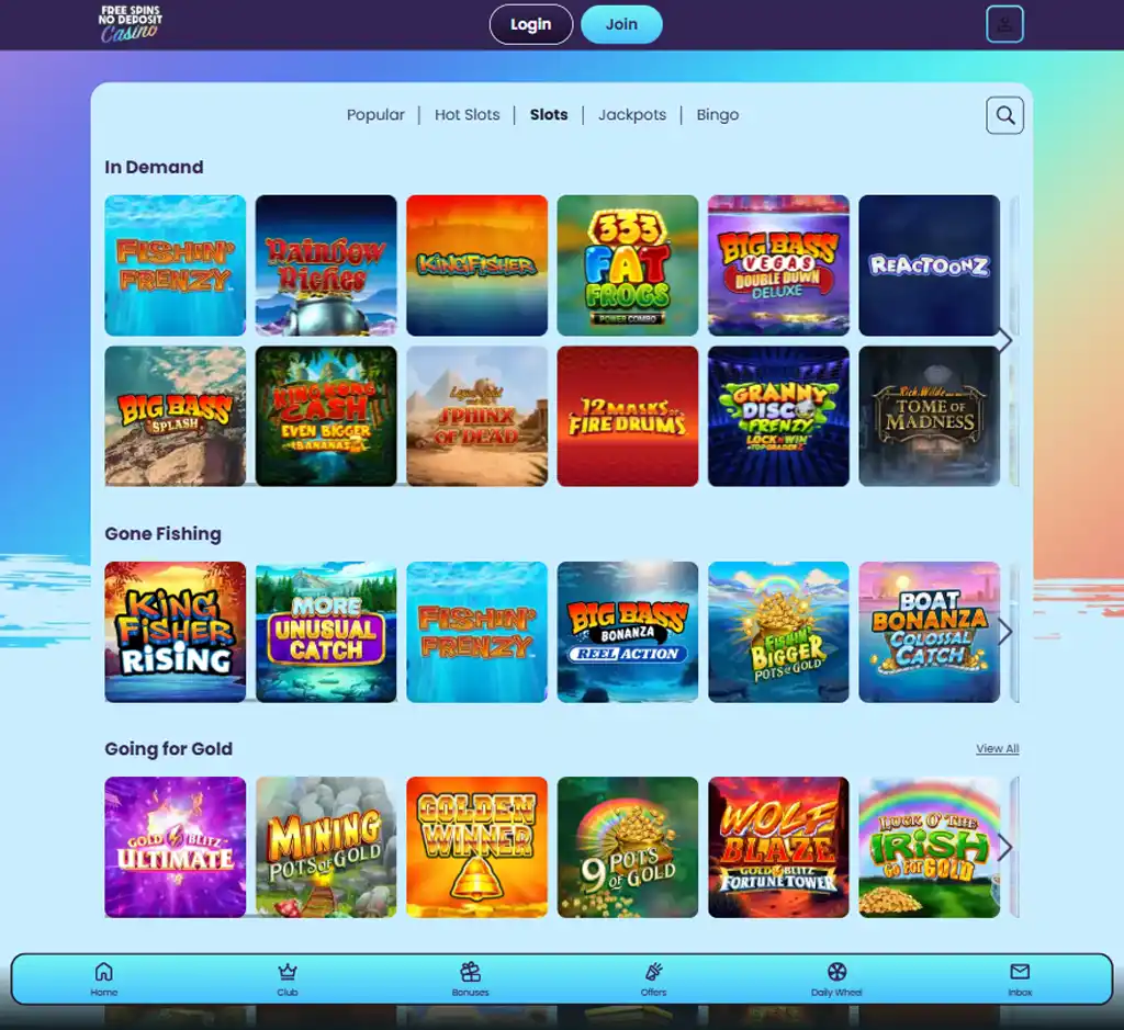 Free Spins No Deposit Casino desktop slots lobby screenshot presenting variety of slot games with categories and providers - verified