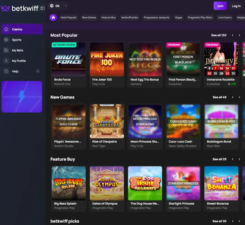 Kwiff Casino desktop homepage screenshot displaying main casino lobby with featured games, promotions and navigation menu - tested