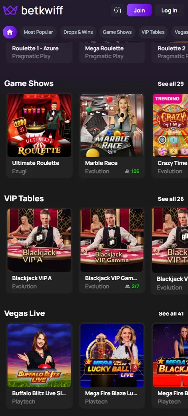 Kwiff Casino mobile live casino interface screenshot showing live dealer tables including blackjack and roulette - tested