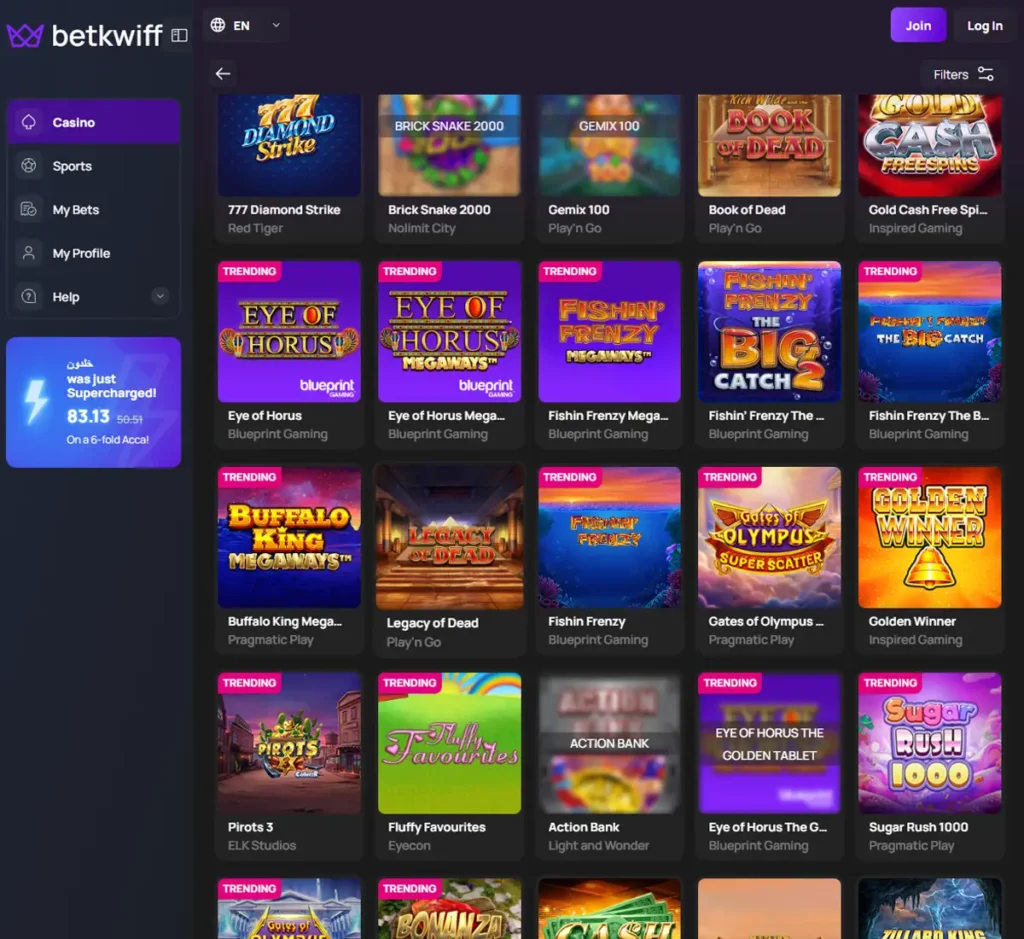 Kwiff Casino desktop slots lobby screenshot presenting variety of slot games with categories and providers - verified